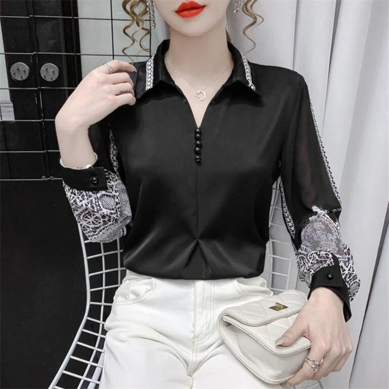 Винтажная шифоновая рубашка с принтом женские блузки пуловер отложным