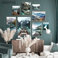 nature landscape wall art poster forest mountain canvas painting lake boat print nordic decorative picture modern home decor