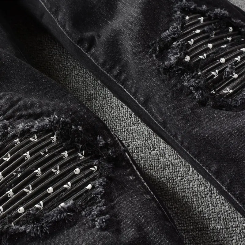 American Street Style Fashion Men Jeans Black Color Elastic Slim Fit Ripped Jeans Men Patches Designer Hip Hop Denim Hole Pants