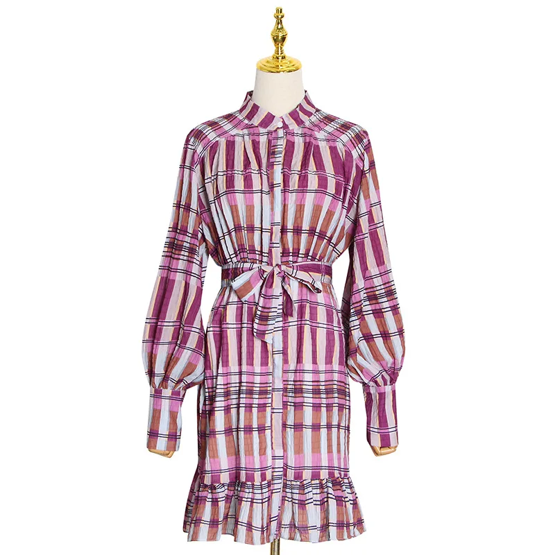 

New fashion temperament elegant stand collar lantern sleeve plaid stitching contrast lace-up short dress women