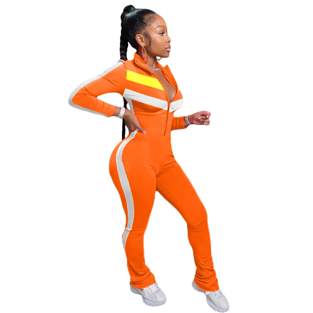 

Zoctuo Zipper Stacked Jumpsuits for Women Patchwork Color Romper Womens Sexy Jumpsuit Long Sleeve Fitness Skinny Flare Playsuits