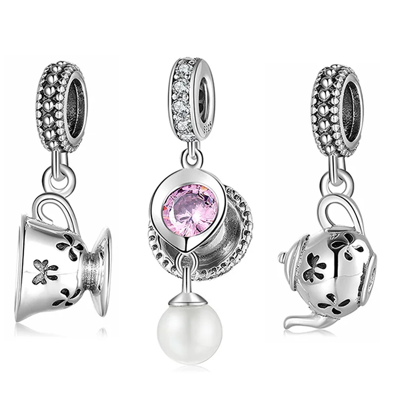 

S925 creative tea set series Beaded pendant hand DIY accessories Loose Pearl Silver Jewelry
