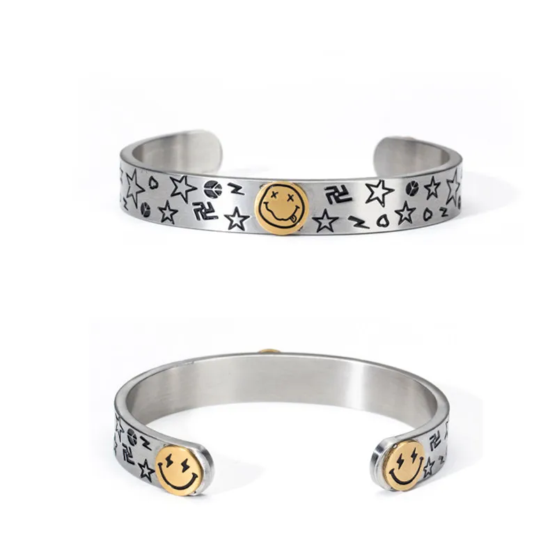 

Fashion Personality Cartoon Three Smiley Face Star Bracelet Retro Tide Men and Women All-Match Open Bracelet Jewelry Wholesale