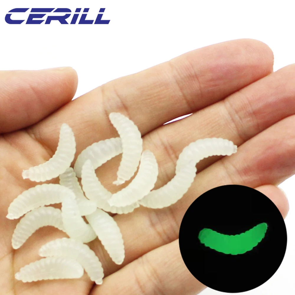 Cerill 100 pcs/kit Smell Soft Baits Worms Luminous Fishing Lure Maggot 20 mm Artificial Silicone Carp Bass Fishing Accessories images - 6