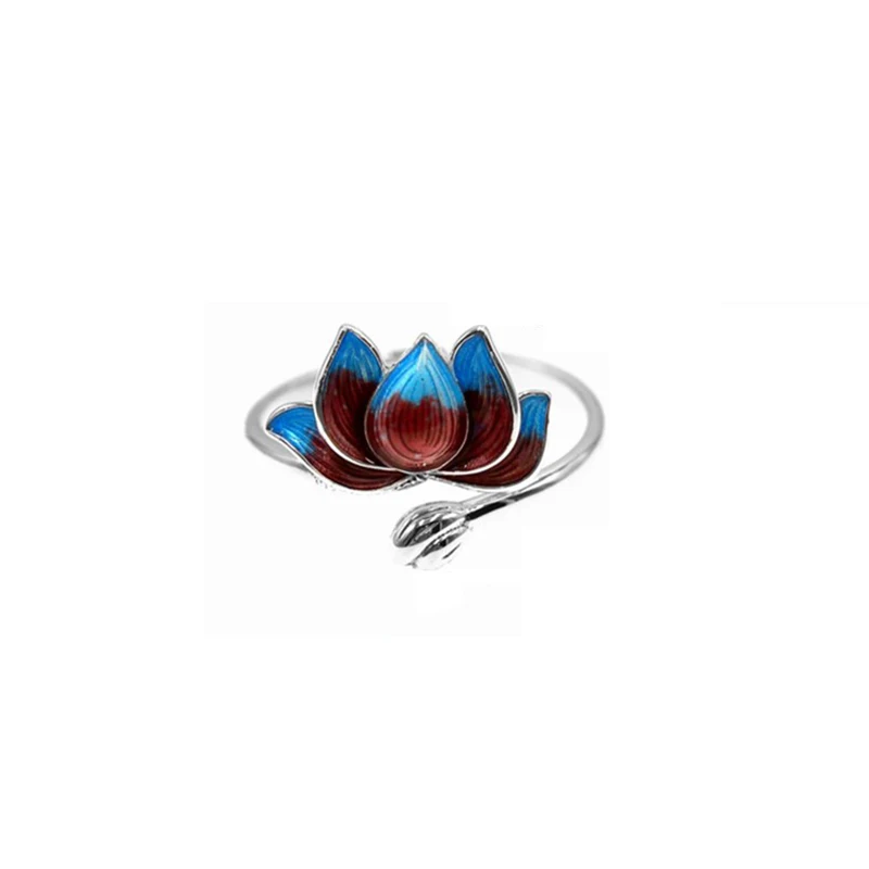 

Handmade Silver Blue Brip Glaze Lotus Rings 925 Two-color Epoxy Lotus Flower Adjustable Size Finger Rings For Women Girl Gift