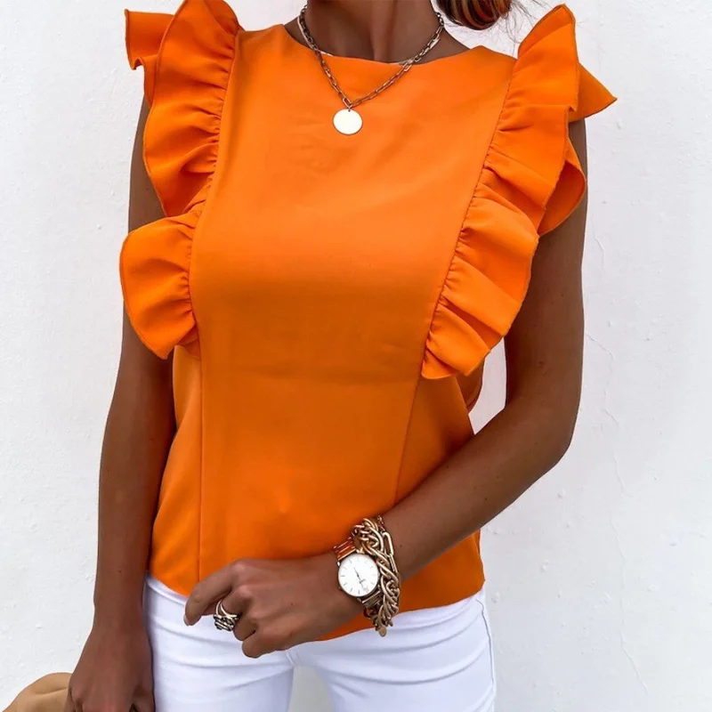 

Elegant Women Solid Ruffle Blouses Shirts Sexy Back Hollow Out Tie-Up Bow Shirt Tops Office Lady O Neck Sleeveless Design Blusas