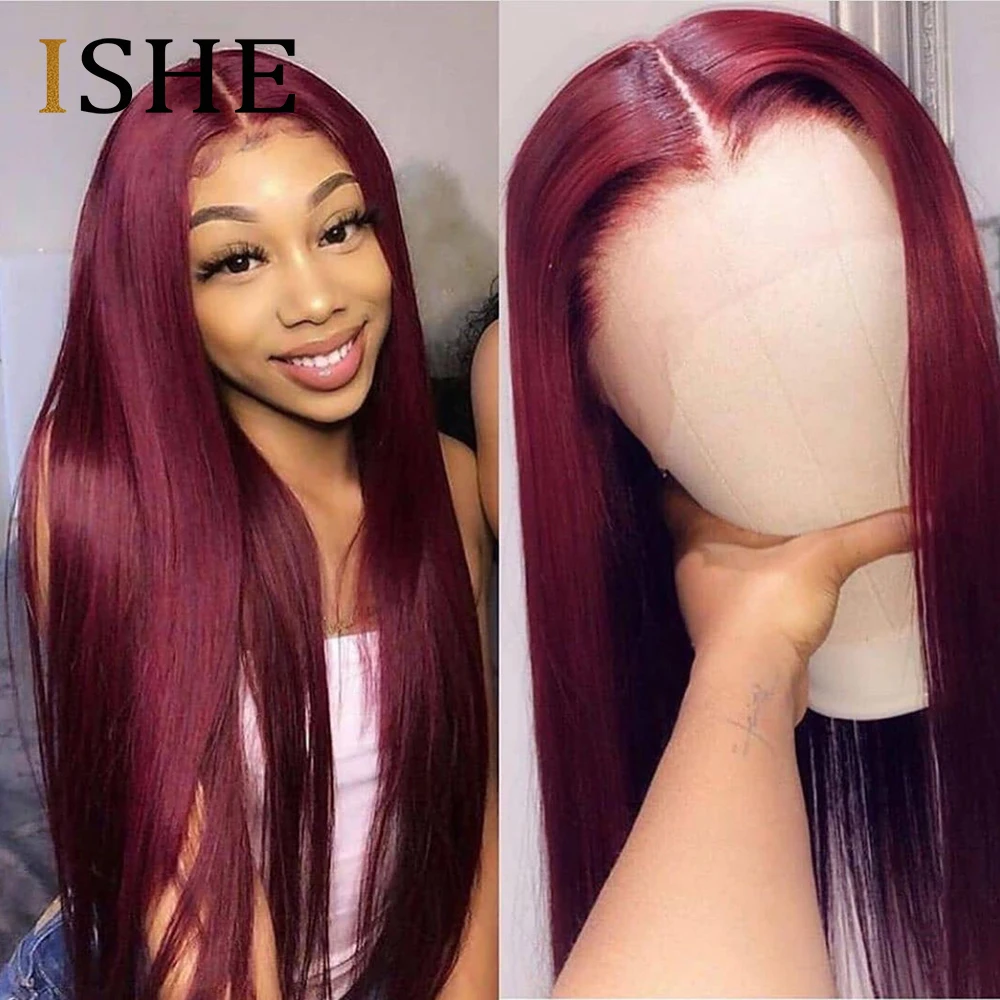 

Burgundy 99J T Part HD Lace Human Hair Wigs With Baby Hair Straight Pre Plucked Wig Brazilian Remy 13x1 Wigs For Women 150%