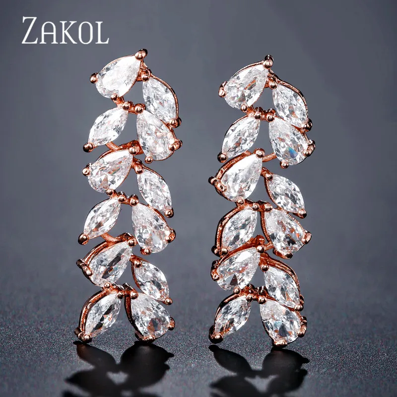 ZAKOL блестящие кубические циркониевые листья Длинные элегантные свадебные