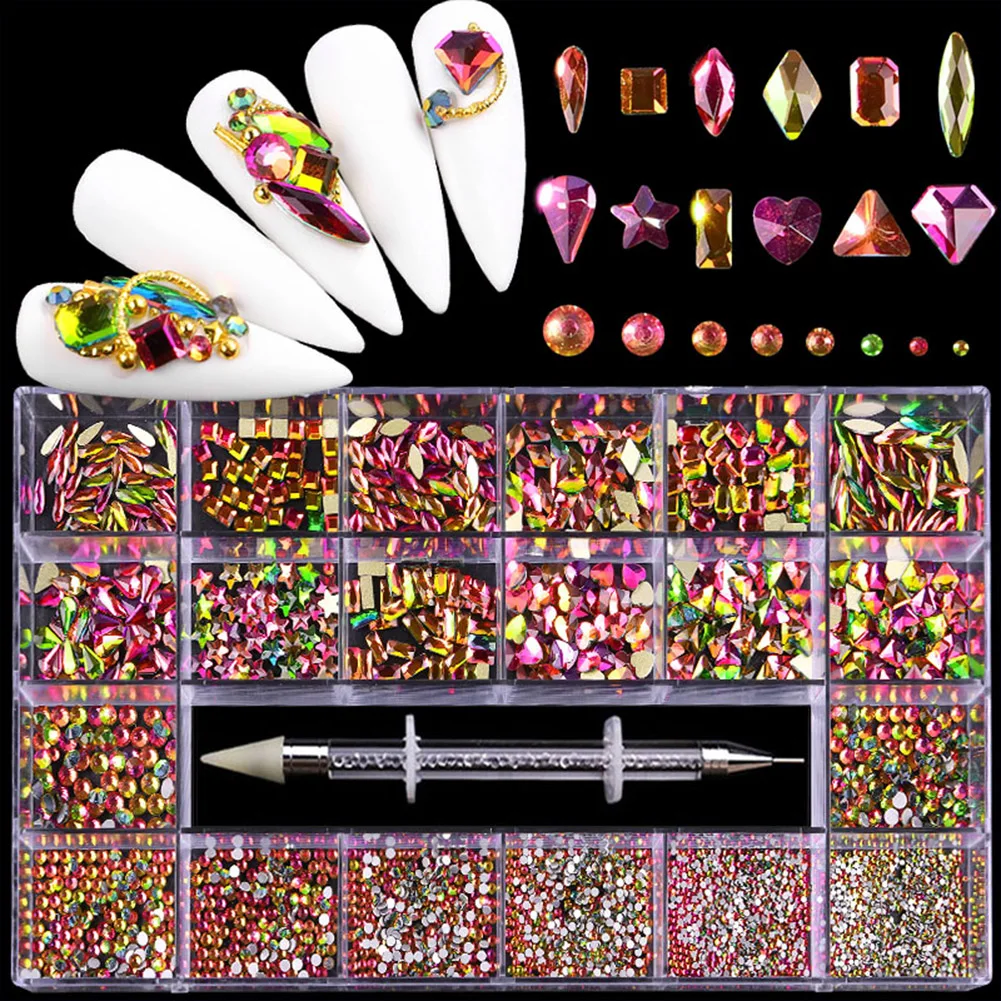 

600/1000PCS Crystal AB Rhinestone In Grids Shape Flat- Back Nail Art Rhinestone Gem With 1 Pick Up Pen In Clear Big Box