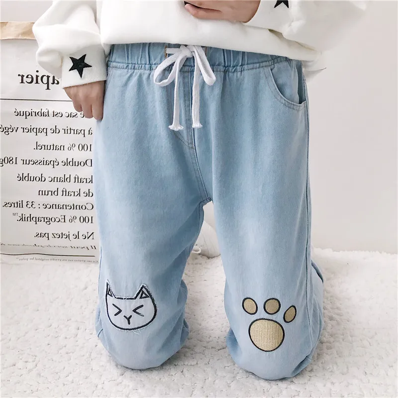 Японский Стиль в стиле Mori Girl Kawaii Cat лапы Джинсы с вышивкой женские свободные брюки