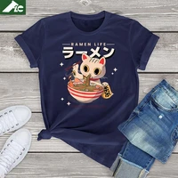 funny kawaii cat eat noodle cotton graphic t shirt women men unisex japanese cat oversize t shirt anime female short sleeve