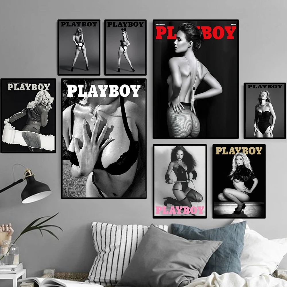 

Vogues Sexy Lady Playboy Poster And Print Fashion Woman Black White Canvas Painting Wall Art Pictures For Living Room Home Decor