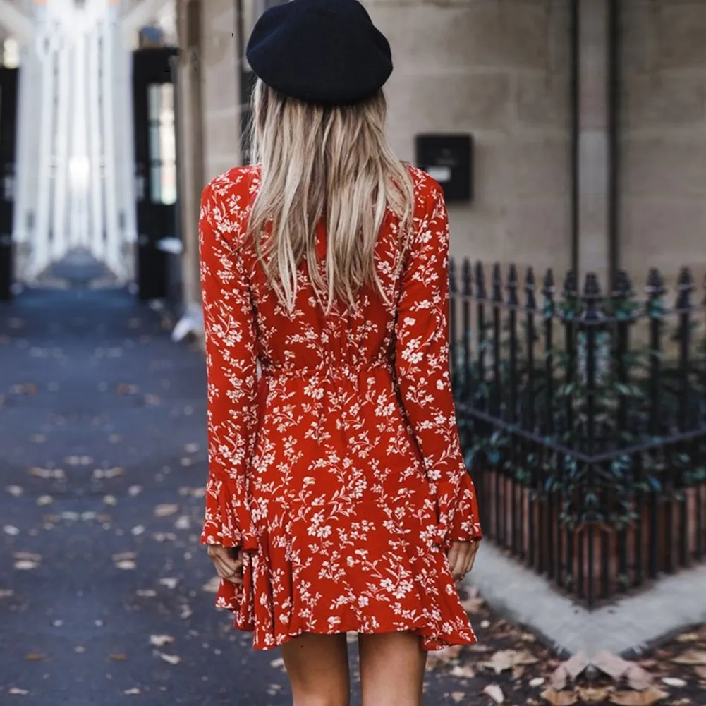 Женское богемное платье с длинным рукавом и v образным вырезом повседневное