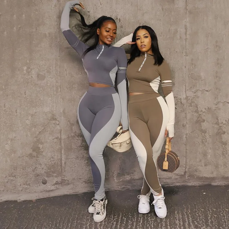 

2 Piece Outfits Women Hot Letter Zipper Tracksuit Spring Turtleneck Tops + Legging Sets Femme Casual Sport Matching Set