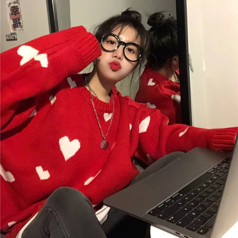 

2021 Autumn Winter Women Sweater Korean Love Heart Knitted Pullover Tops Causal Long Sleeve O-neck Pull Femme