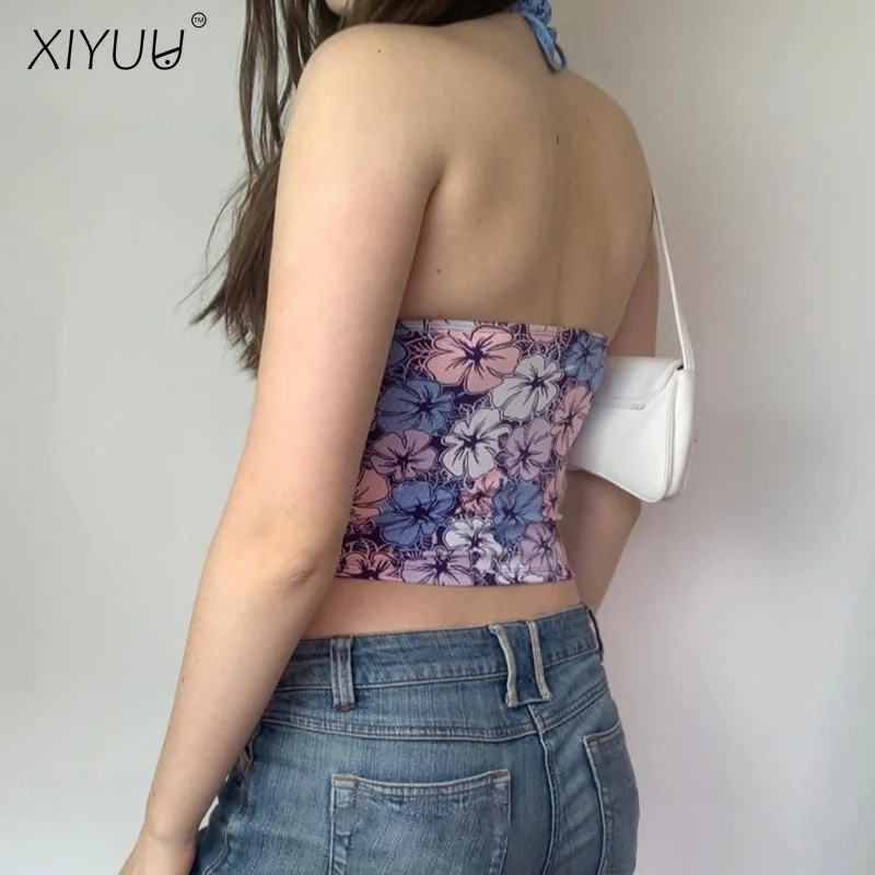 

XIYUU Summer Camis Short Tops Women Sexy Deep V-neck Vest Flower Printing Croped Top Backless Camisole Beach Basis Tank Top