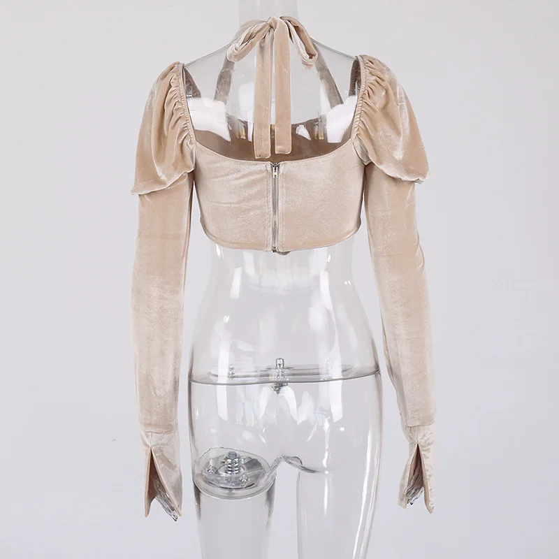 

2021 European American Women Clothes New Spring Street Style Solid Short Shirts Women Square Collar Puff Sleeve Navel Exposed