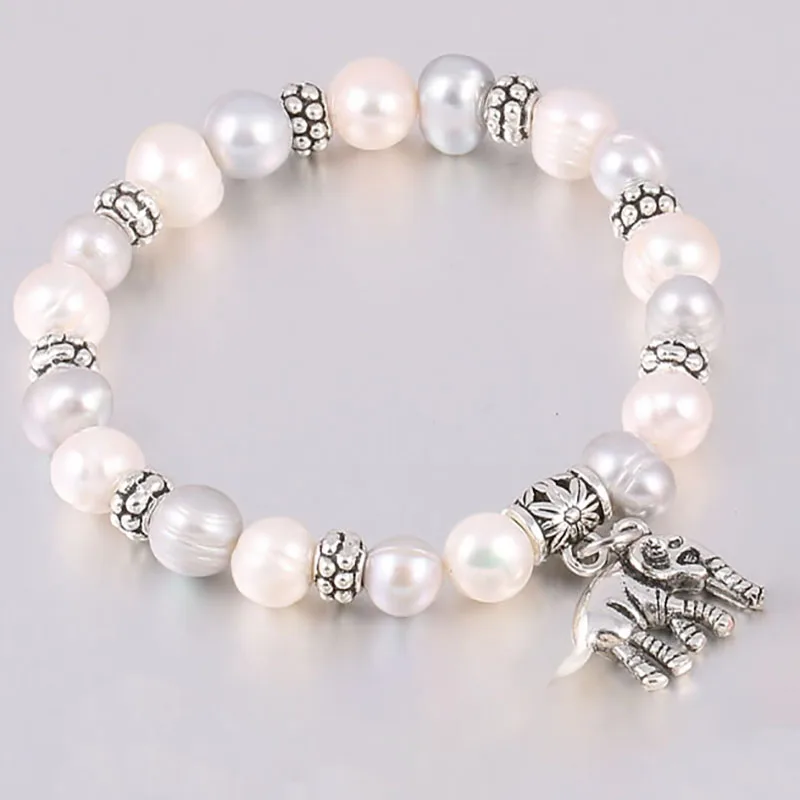 Браслет подвеска слон из цинкового сплава с пресноводным жемчугом 8 мм 19