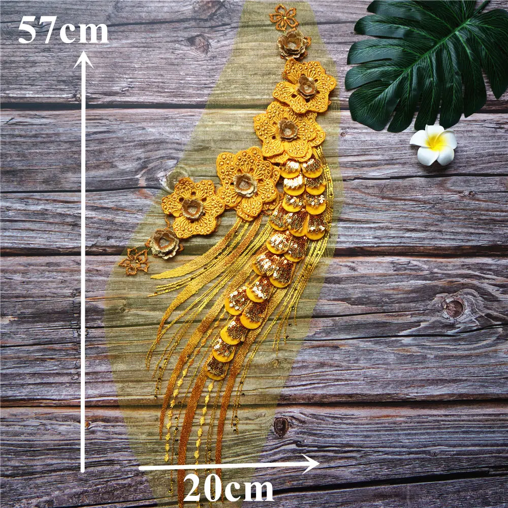 Желтая Цветочная кружевная ткань с пайетками и кисточками вышитая одежда