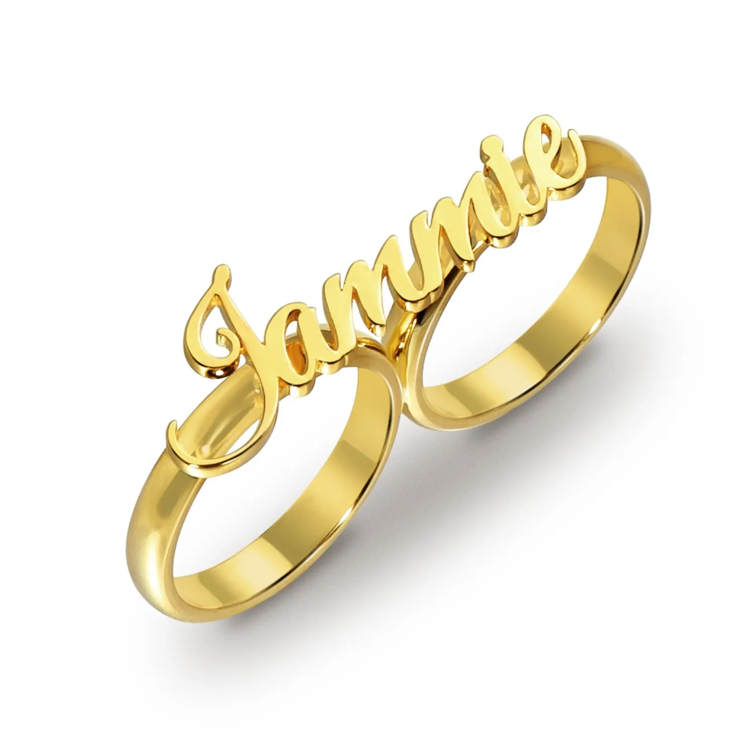 Anillo de nombre personalizado de dos dedos, chapado en oro, regalo para mujer