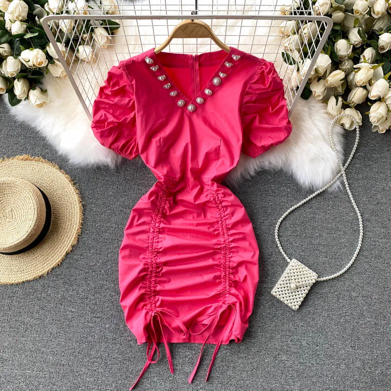 

Женское платье с V-образным вырезом, однотонное Привлекательное платье с бусинами, модель 2021 на лето