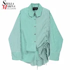 Новинка; Женская драпированная дизайнерская 2021; Летняя блузка с длинными рукавами в зеленую полоску; Повседневная женская рубашка; Сорочка в стиле femme; 6619