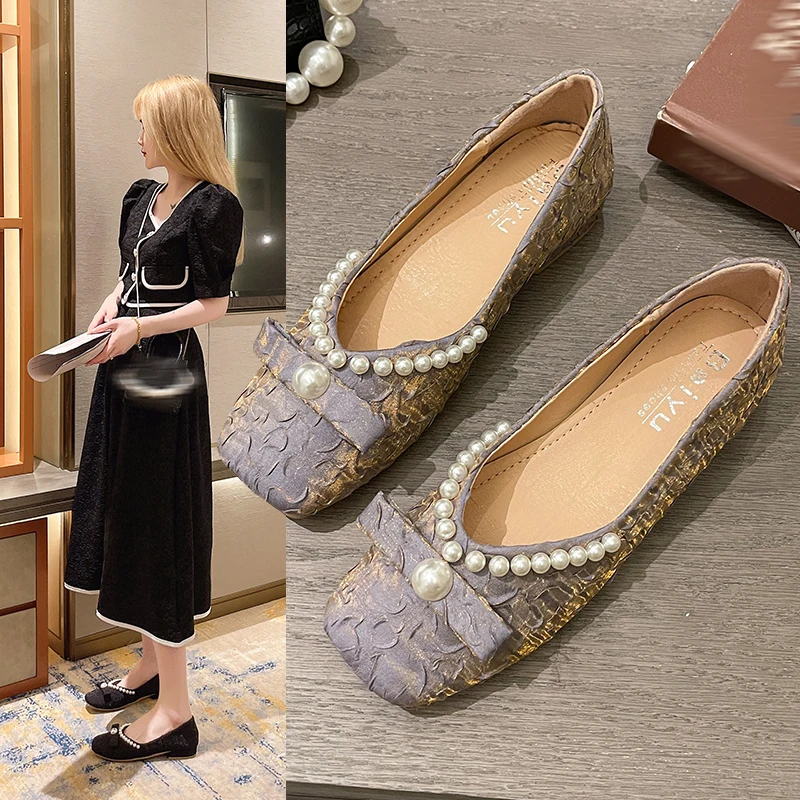 

Women's Flat Shoes, Fashionable Pearl Square Toe Comfortable Chunky Heel Shoes