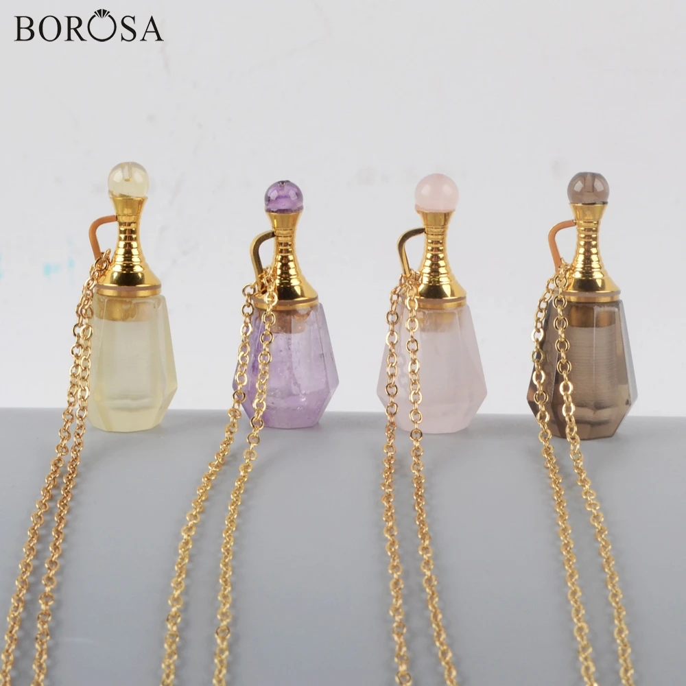 

BOROSA 3 шт. 26-дюймовый флакон для духов ожерелье золотые натуральные драгоценные камни диффузор эфирного масла розовый белый кварц ювелирные ...