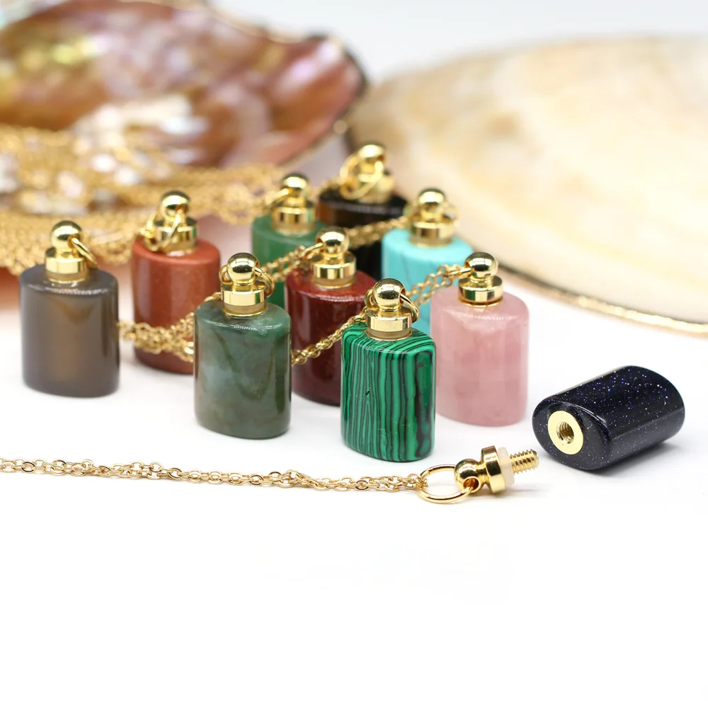 

Natural Stone Perfume Bottle Necklace Cylindrical Semi-precious Charms For Elegant Women Love Romantic Gift 60 CM