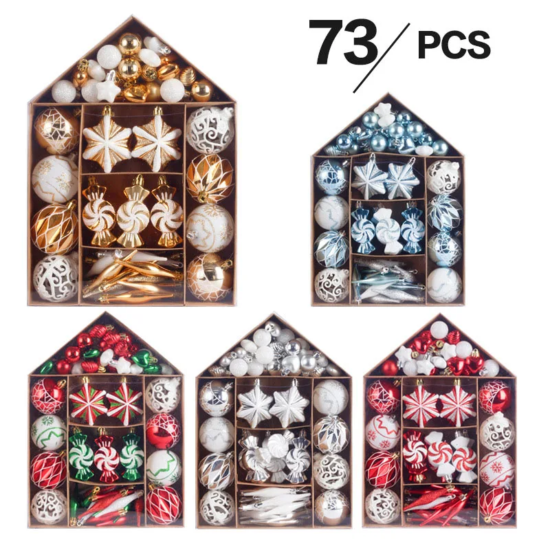 

73Pcs Painted Christmas Balls Decorate House-shaped Gift Box Packaging Luxury Set XMAS Tree Pendant New Year Presents
