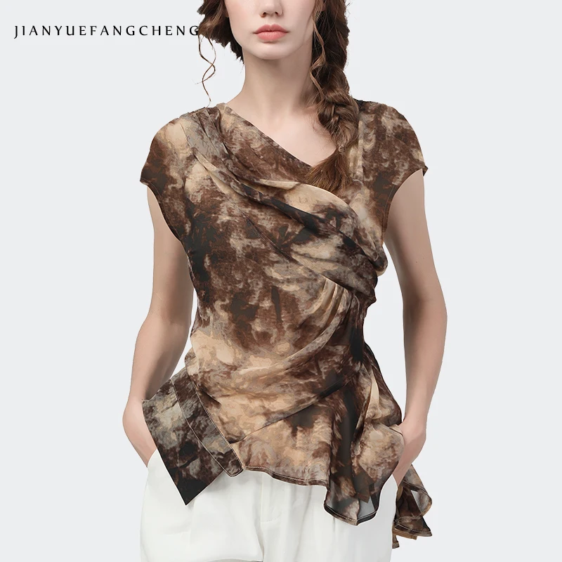 

Fashion Women Chiffon Blouse 2020 Summer New Short Sleeve Skew Collar Female Print Tops Crossed Shirred Plus Size Office Blouses