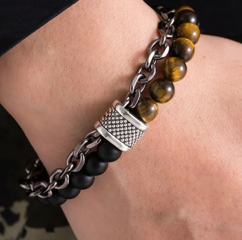 

Unique Natural Map Stone Men Beaded Bracelet High Quality Metal Men Fashion Jewelry Gifts