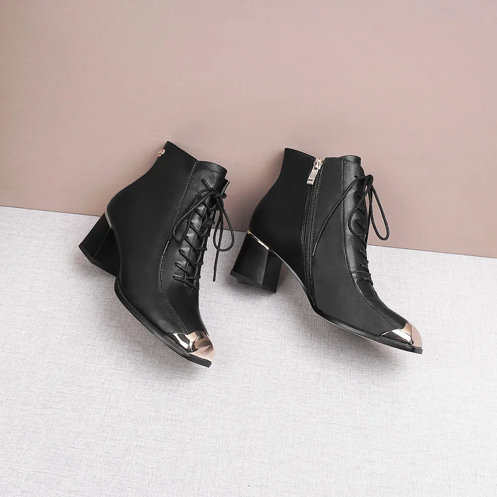 

Ankle Boots for Women Cow Leather Spring Autumn Black Zippers High Heels Female Luxury High Quality Party Shoes Woman Boots 2021