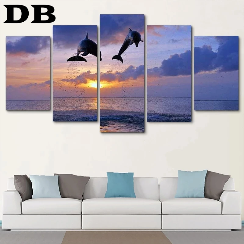 

5 Pieces Of Sunset Seaside Modular High-Definition Animal Dolphin Poster Canvas Wall Living Room Furniture Decoration Frameless