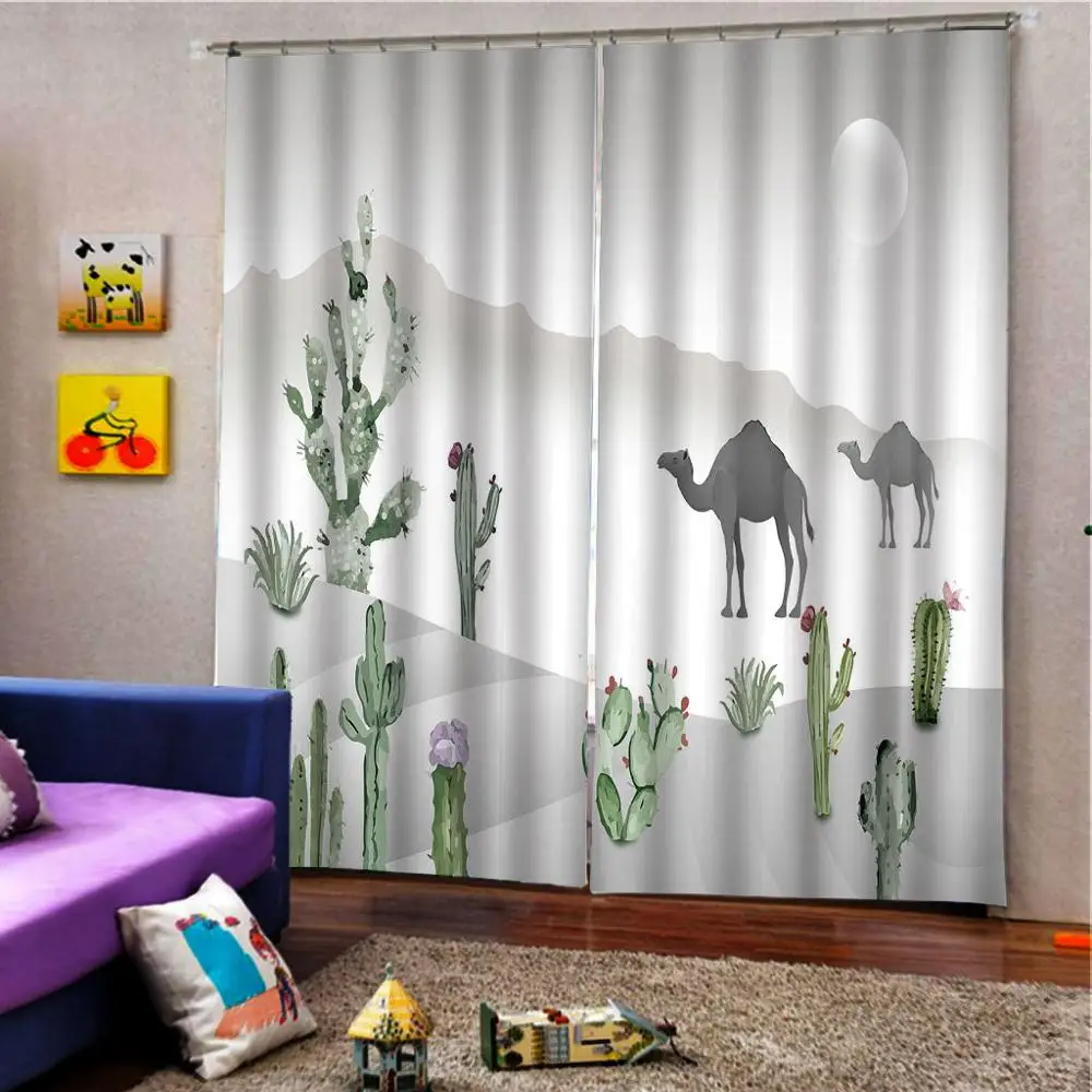 Custom Desert Camel Cactus Curtain Digital Print For Living room Bedroom Blackout Window Drapes Sets (Left and Right Side) |