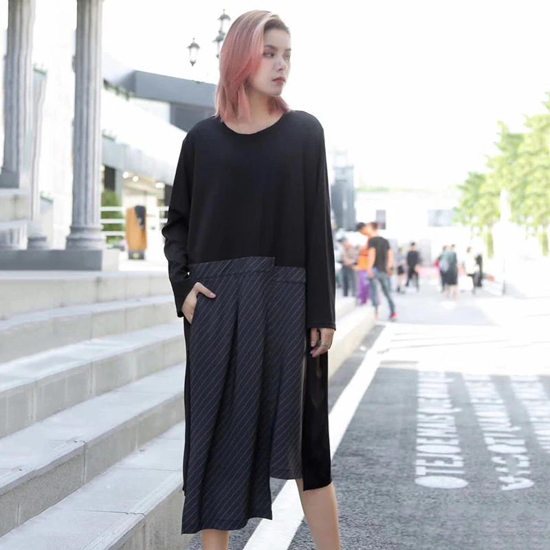 CHICEVER 2020 весеннее лоскутное Полосатое платье для женщин с круглым вырезом длинным