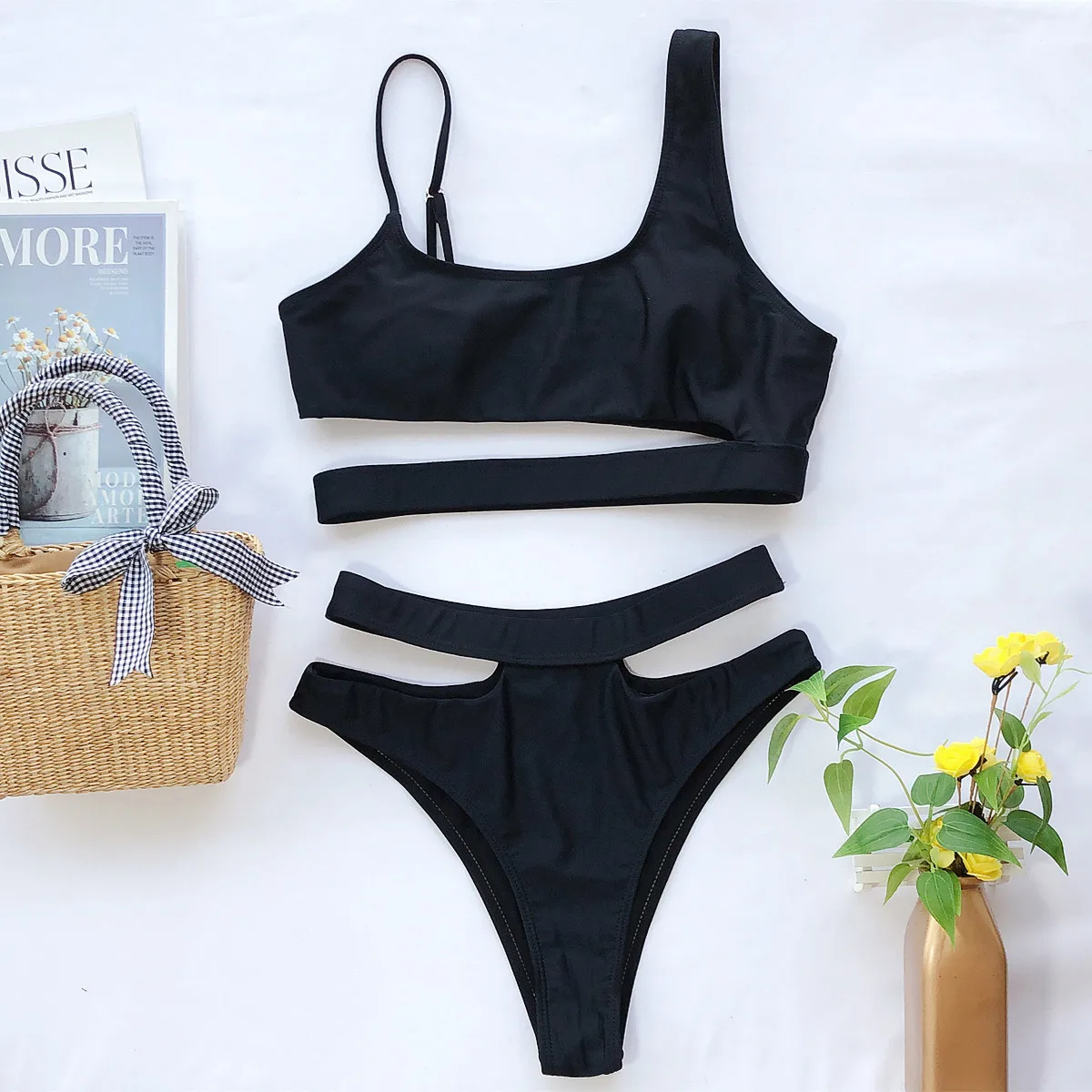 

New Bikini Women's Seperated Pure Black High Waist Swimsuit 2-Piece Sexy Swimwear 2021 Brazilian Bikinis Set Girl Bathing Suits