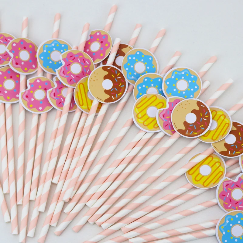 Donut Party Cake Topper Birthday Donut Boxes Bags Bottle Labels Cake Topper Straws Glitter Centerpiece Paper Cups Supplies
