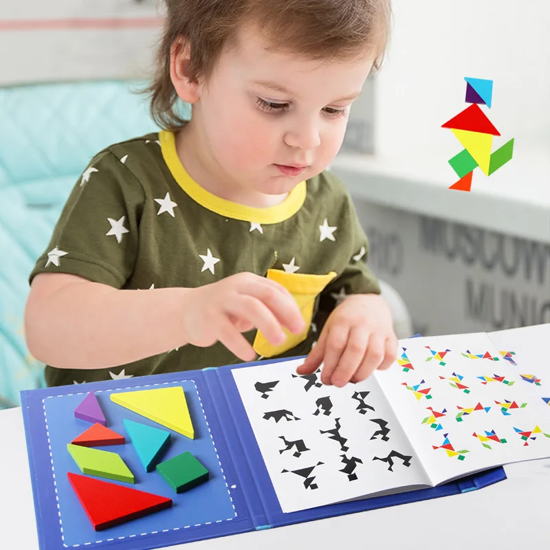 

Magnetic Pattern Block Book Game Jigsaw Shapes Dissection with Solution Jigsaw Puzzle Wooden Educational Toys for Children