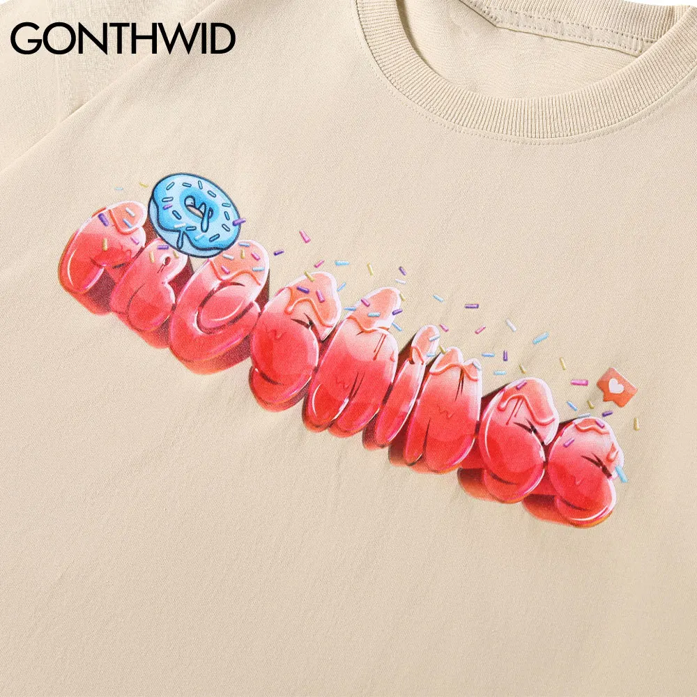 

GONTHWID T-Shirts Streetwear Hip Hop Men Letter Donuts Print Short Sleeve Tees Shirts Cotton Harajuku Casual Fashion Loose Tops