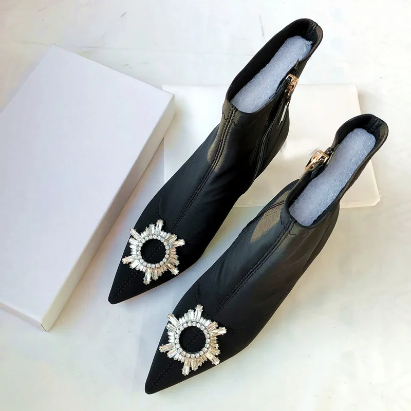 

Free shipping fashion new style black stretch point toe high heels ankle boots