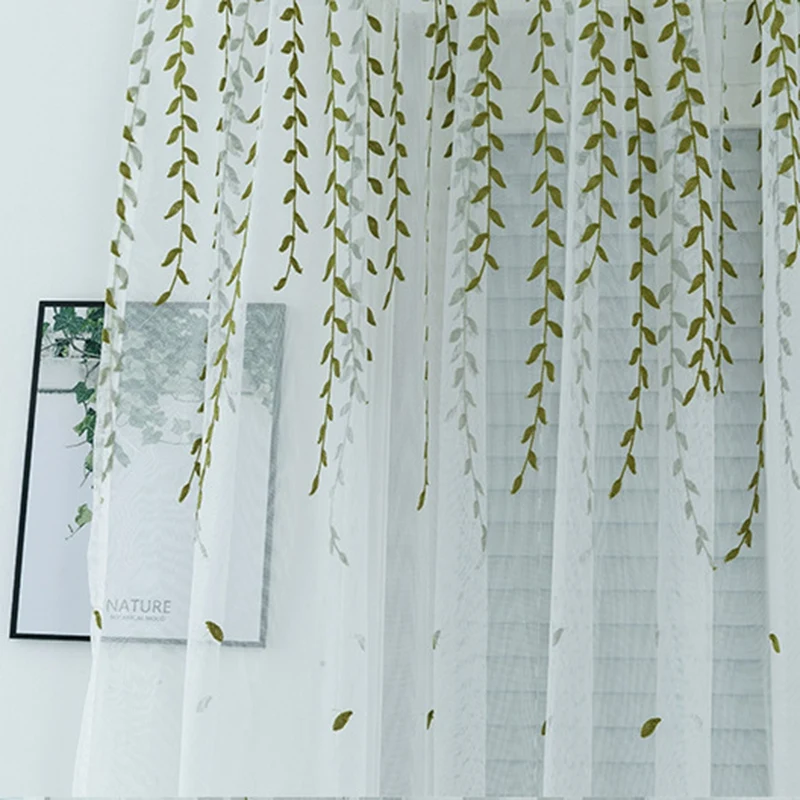 

Natural Embroidery Weeping Leaf Design Tulle Translucent Children's Room Curtain Home Decoration Accessories