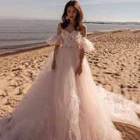 blush pink beach wedding dresses lace princess wedding gowns long train bohemian bride dress ruffles short sleeve robe de mariag