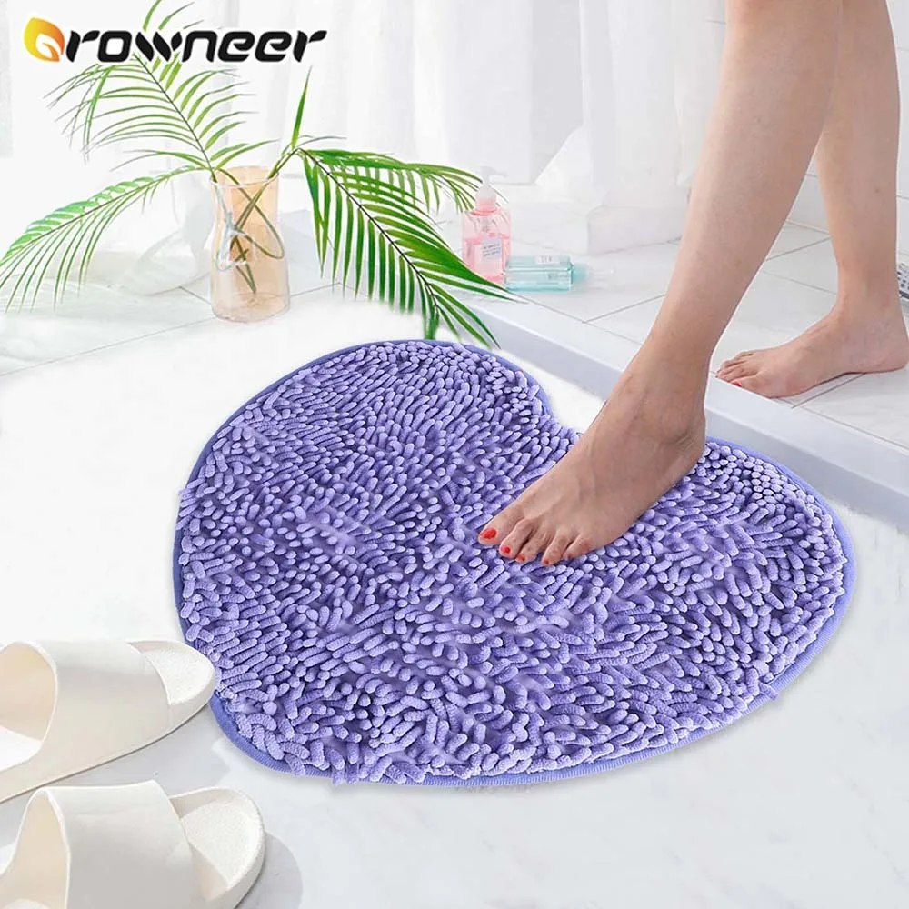 

Chenille Bathroom Mat Bathtub Side Floor Rug Shower Room Doormat Solid Color Heart Shape Anti-slip Super Absorbent Home Décor