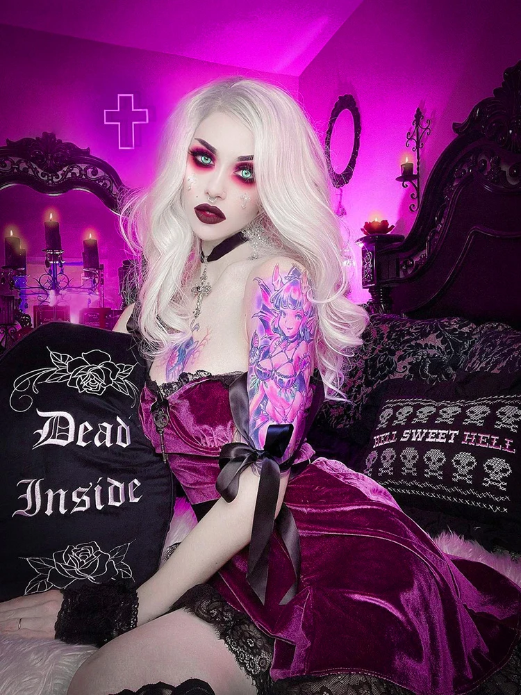 Женское бархатное платье-трапеция InsDoit черное или фиолетовое платье в готическом