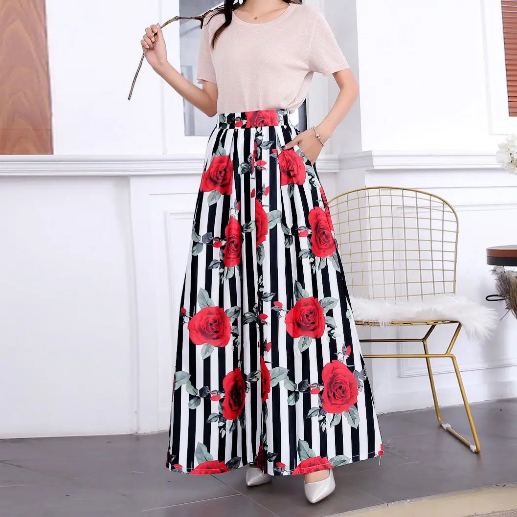 

Summer Skirt Womens Jupe Longue High Waist Pockets Long Vintage Floral Striped Print Maxi Chic 3XL Casual