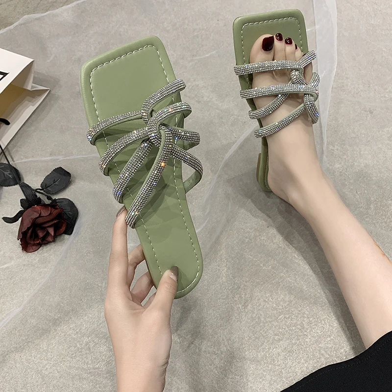 Rimocy/летние женские шлепанцы со стразами на плоской подошве Модные с квадратным