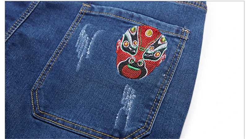 2020 Men New Peking Opera Mask Embroidered Elastic Waist Drawstring Jeans Fashion Male Denim Trousers Plus Size 5XL 6XL 7XL 8XL | Мужская