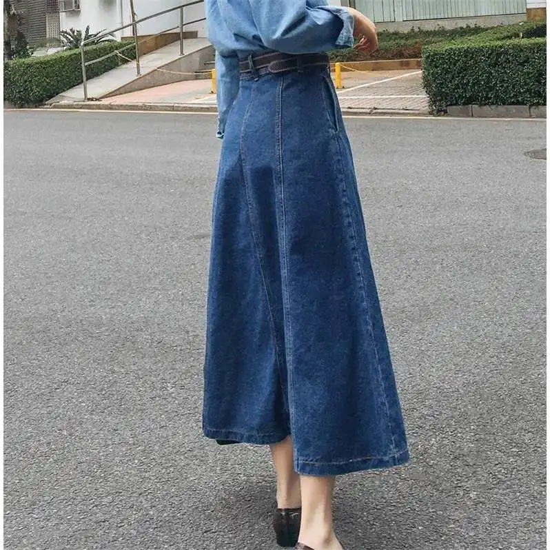 

Fashion Vintage Jeans Skirt High Waist Women A-Line Pleated Denim Skirts Long Casual Skirts Female Big Hem Jean Skirt
