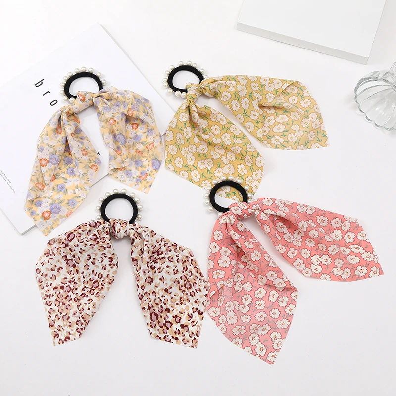 

1pcs new 2021 floral pearl hair ring girl sweet streamer hair accessory ponytail head rope retro silk scarf headband